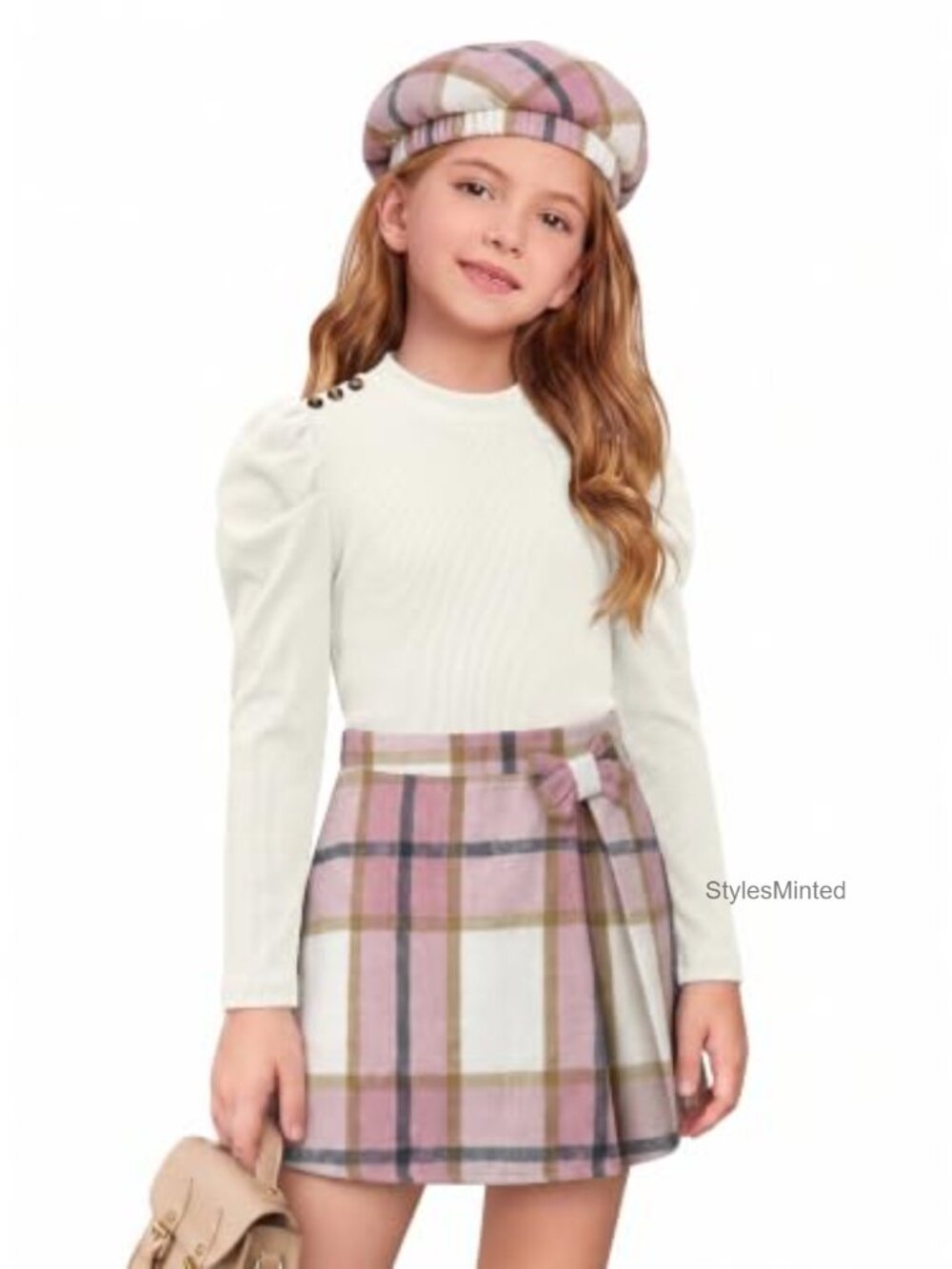 Girls 3 Piece Plaid Skirt Set Ribbed Top Beret Preppy School Outfit